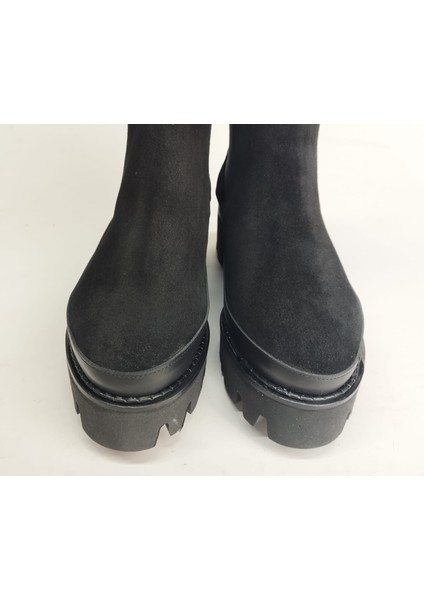 Kadın Hakiki Deri Lastikli Eva Taban Siyah Süet Bot