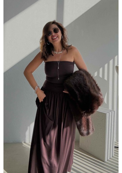 Kahve Drapeli Straplez Elbise