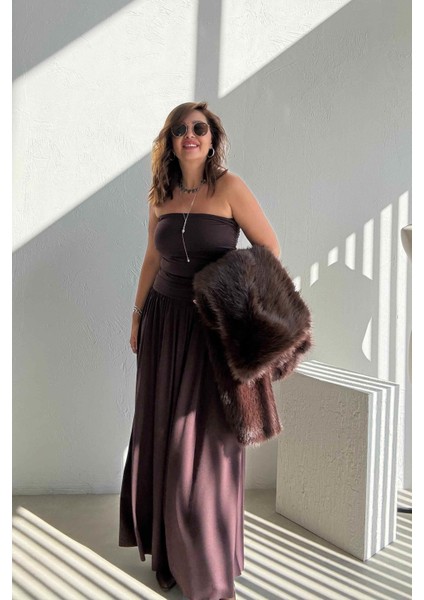 Kahve Drapeli Straplez Elbise fiyatları