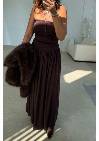 Kahve Drapeli Straplez Elbise modelleri