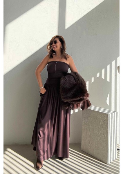 Kahve Drapeli Straplez Elbise fırsatları