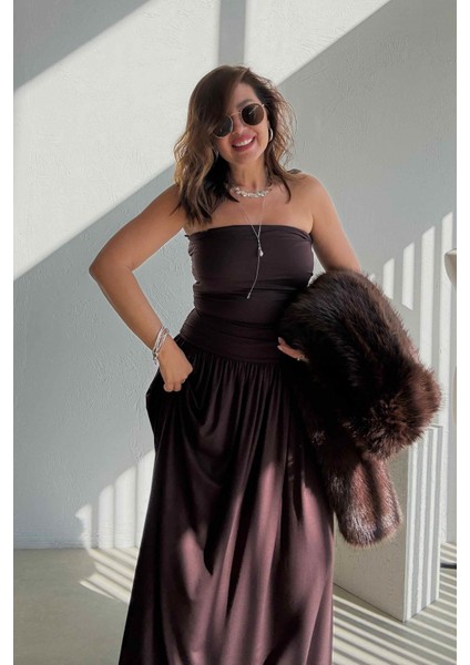 Kahve Drapeli Straplez Elbise indirimleri