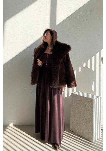 Kahve Drapeli Straplez Elbise