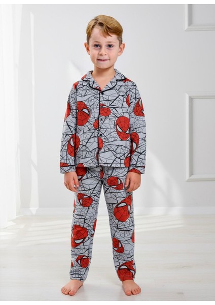 Erkek Çocuk Örümcek Desenli Düğmeli Alt Üst Pijama Takımı