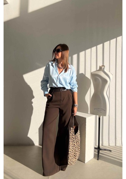 Kahverengi Bol Paça Kumaş Pantolon