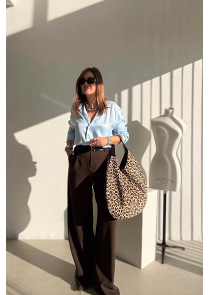 Kahverengi Bol Paça Kumaş Pantolon modelleri