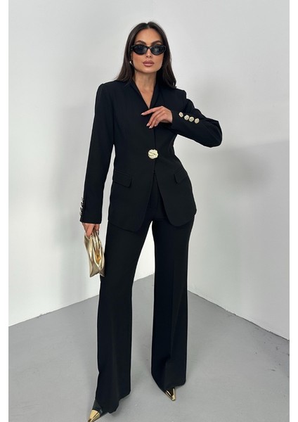 Kadın Ikili Takım Şık Düğme Detaylı Dik Yaka Blazer Ceket Bol Paça Pantolon Takım