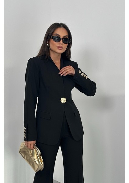 Kadın Ikili Takım Şık Düğme Detaylı Dik Yaka Blazer Ceket Bol Paça Pantolon Takım fiyatları