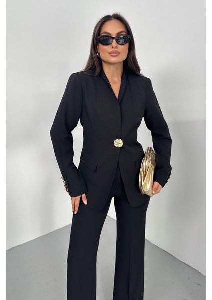 Kadın Ikili Takım Şık Düğme Detaylı Dik Yaka Blazer Ceket Bol Paça Pantolon Takım modelleri