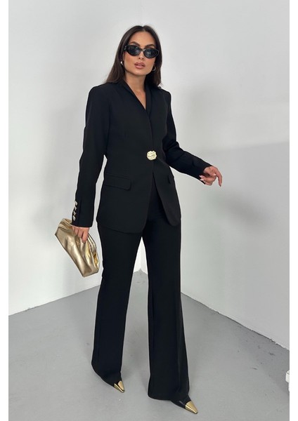 Kadın Ikili Takım Şık Düğme Detaylı Dik Yaka Blazer Ceket Bol Paça Pantolon Takım fırsatları