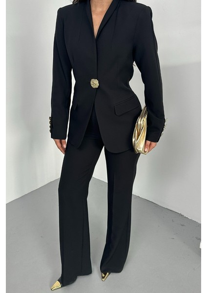 Kadın Ikili Takım Şık Düğme Detaylı Dik Yaka Blazer Ceket Bol Paça Pantolon Takım indirimleri