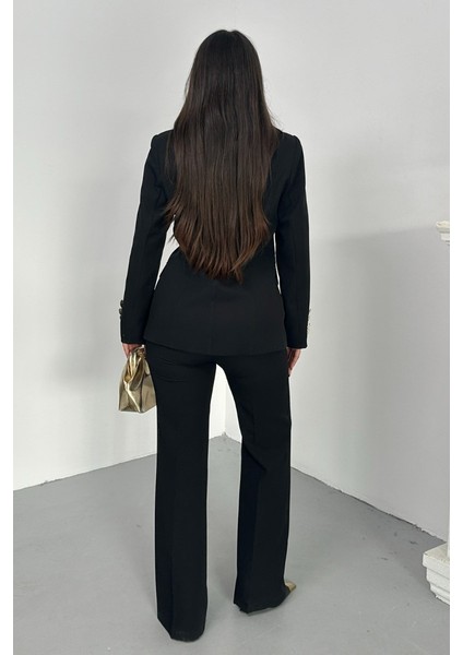 Kadın Ikili Takım Şık Düğme Detaylı Dik Yaka Blazer Ceket Bol Paça Pantolon Takım