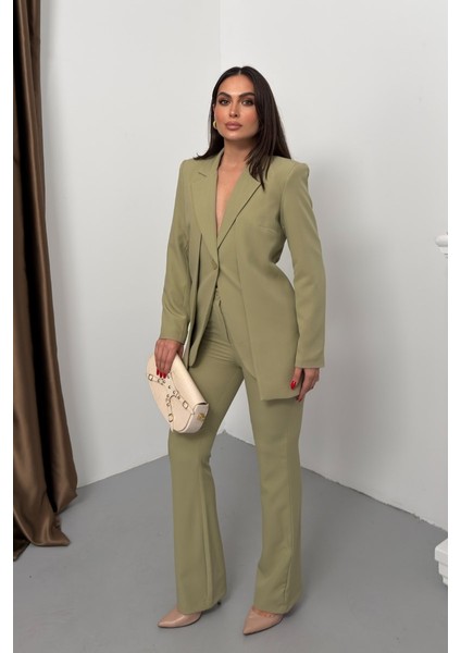 Kadın Ikili Alt Üst Takım Şık Çift Katlı Düğmeli Blazer Ceket Bol Paça Pantolon Takım modelleri