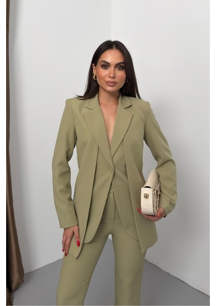Kadın Ikili Alt Üst Takım Şık Çift Katlı Düğmeli Blazer Ceket Bol Paça Pantolon Takım fırsatları