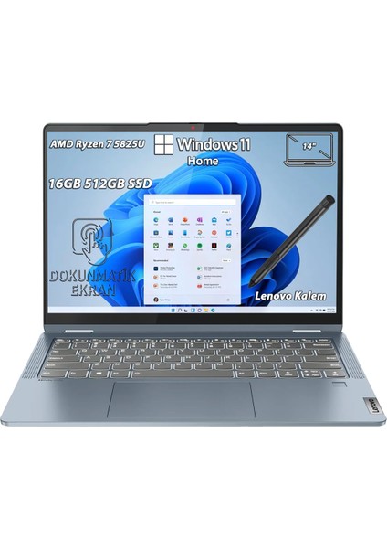 IdeaPad Flex 5 14ABR8 AMD Ryzen 7 5825U 16GB 512GB SSD 14" WUXGA (1920x1200) IPS Panel Windows 11 Home Taşınabilir Bilgisayar 82XX00FKTX + Lenovo Digital Kalem