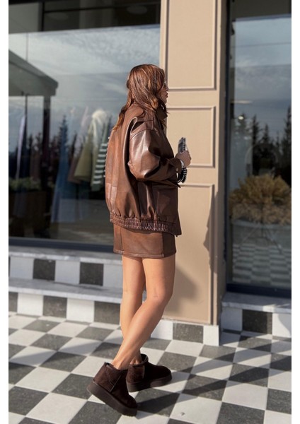 Kahverengi Deri Etek Ceket Takım