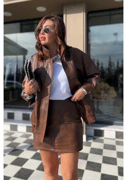 Kahverengi Deri Etek Ceket Takım