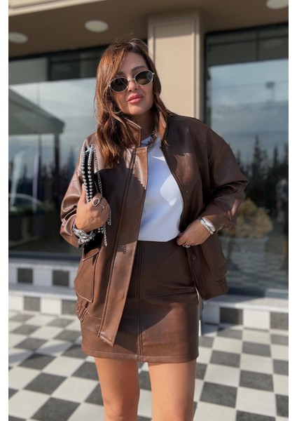 Kahverengi Deri Etek Ceket Takım