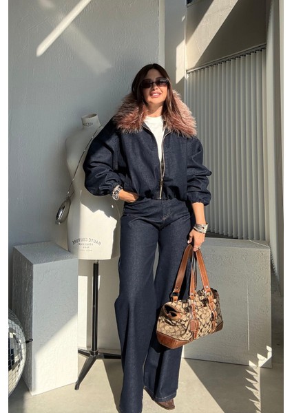 Lacivert Kürk Yakalı Ceket Pantolon Takım