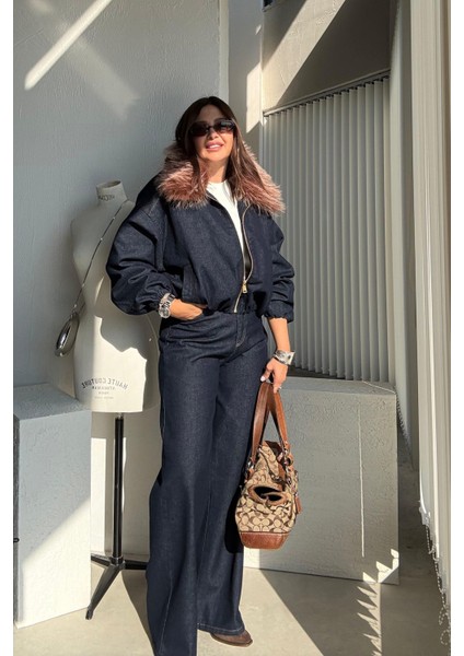 Lacivert Kürk Yakalı Ceket Pantolon Takım