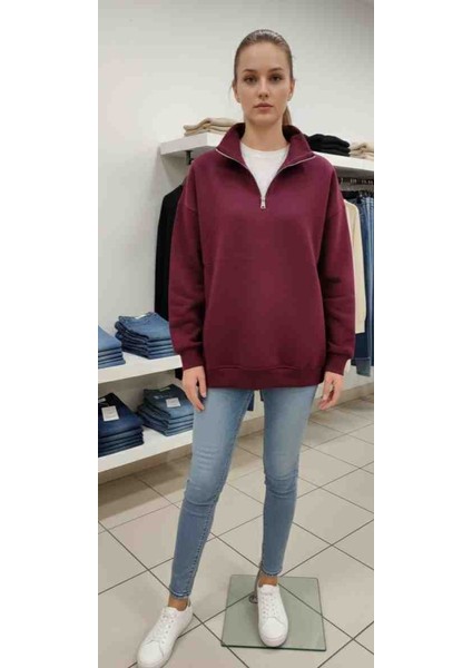 Kadın Bordo Yarım Fermuar 3 Iplik Sweatshirt