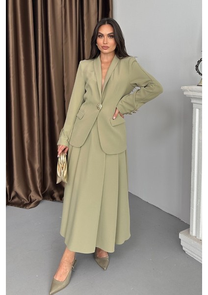 Kadın Ikili Takım Şık Düğme Detaylı Dik Yaka Blazer Ceket Uzun Etek Takım