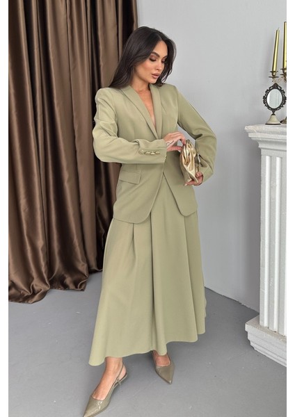 Kadın Ikili Takım Şık Düğme Detaylı Dik Yaka Blazer Ceket Uzun Etek Takım fiyatları
