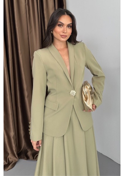 Kadın Ikili Takım Şık Düğme Detaylı Dik Yaka Blazer Ceket Uzun Etek Takım modelleri