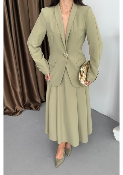 Kadın Ikili Takım Şık Düğme Detaylı Dik Yaka Blazer Ceket Uzun Etek Takım indirimleri