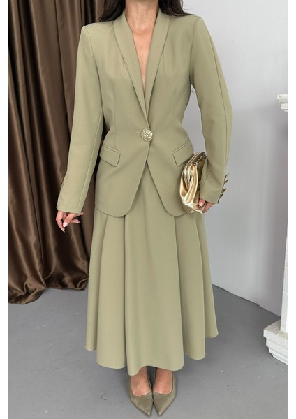 Kadın Ikili Takım Şık Düğme Detaylı Dik Yaka Blazer Ceket Uzun Etek Takım