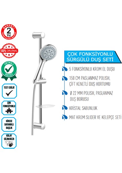 | Dushlux 5 Fonksiyonlu, Paslanmaz, Krom Sürgülü Duş Seti