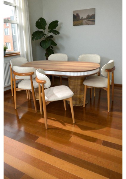 Bohem Iskandinav Masa Sandalye Takımı – 6 Adet Polo Sandalye – Ceviz Mebranlı Mdf Oval Masa-Modern