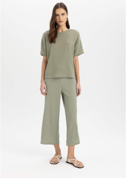 Wide Leg Geniş Bol Paça Normal Bel Bürümcük Kapri Pantolon