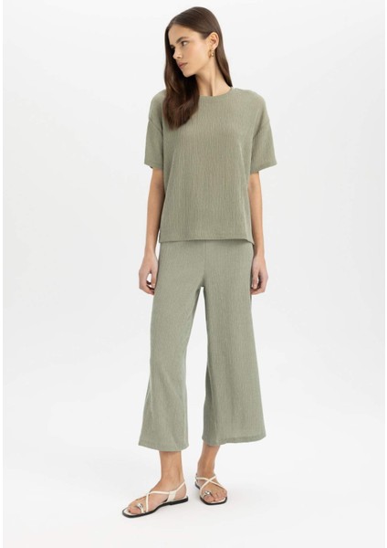 Wide Leg Geniş Bol Paça Normal Bel Bürümcük Kapri Pantolon