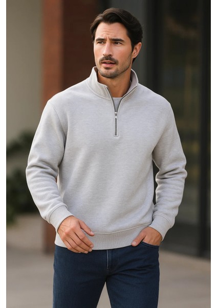 Erkek Trend Premium Gri Fermuarlı Sweatshirt fiyatları