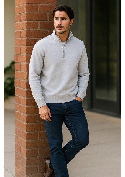 Erkek Trend Premium Gri Fermuarlı Sweatshirt modelleri