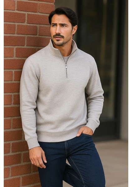 Erkek Trend Premium Gri Fermuarlı Sweatshirt fırsatları
