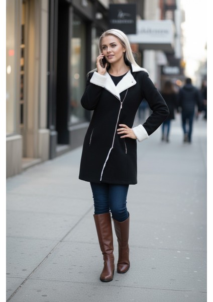 Günlük Kaşe Kışlık Kadın Siyah Kaban modelleri