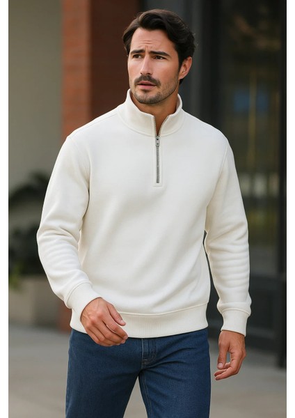 Erkek Trend Premium Beyaz Fermuarlı Sweatshirt fiyatları