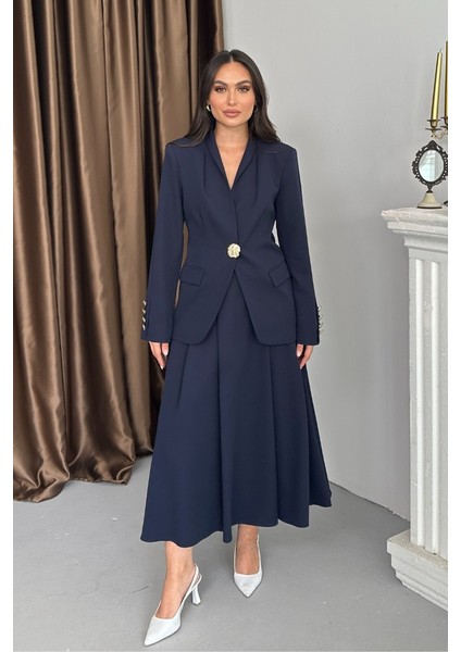 Kadın Ikili Takım Şık Düğme Detaylı Dik Yaka Blazer Ceket Uzun Etek Takım