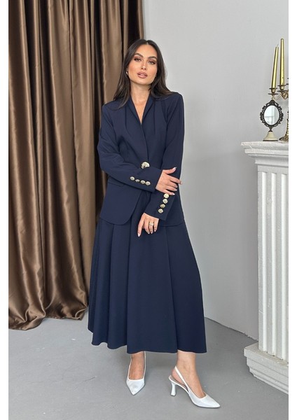 Kadın Ikili Takım Şık Düğme Detaylı Dik Yaka Blazer Ceket Uzun Etek Takım fiyatları