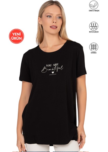 Özkan 27600 Kadın Vorteks Viskon Premium Kumaş Yırtmaç Detaylı Likralı Kısa Kollu Bluz T-Shirt