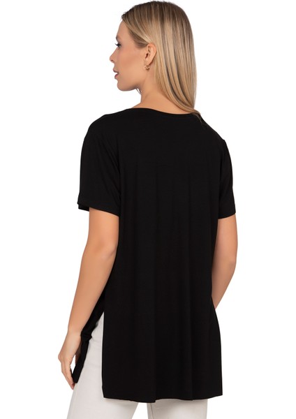 Özkan 27600 Kadın Vorteks Viskon Premium Kumaş Yırtmaç Detaylı Likralı Kısa Kollu Bluz T-Shirt fiyatları