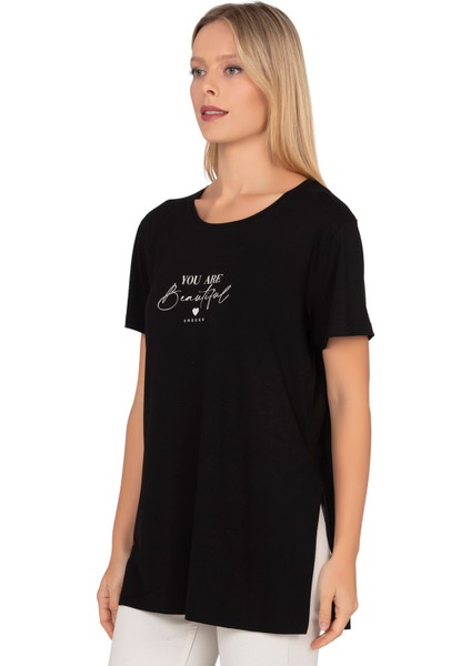 Özkan 27600 Kadın Vorteks Viskon Premium Kumaş Yırtmaç Detaylı Likralı Kısa Kollu Bluz T-Shirt modelleri