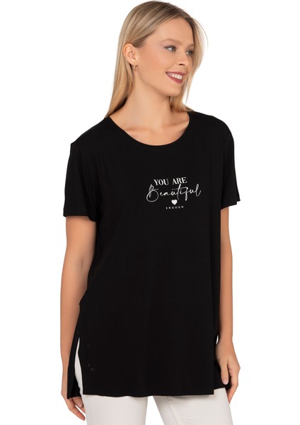 Özkan 27600 Kadın Vorteks Viskon Premium Kumaş Yırtmaç Detaylı Likralı Kısa Kollu Bluz T-Shirt fırsatları