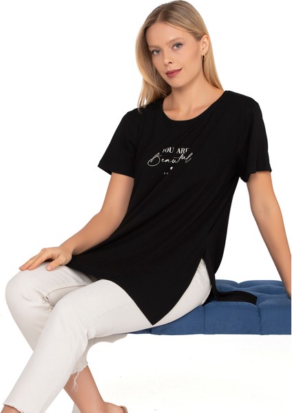 Özkan 27600 Kadın Vorteks Viskon Premium Kumaş Yırtmaç Detaylı Likralı Kısa Kollu Bluz T-Shirt indirimleri