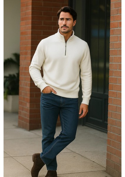 Erkek Trend Premium Beyaz Fermuarlı Sweatshirt fırsatları