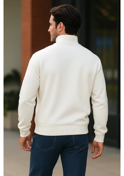 Erkek Trend Premium Beyaz Fermuarlı Sweatshirt indirimleri