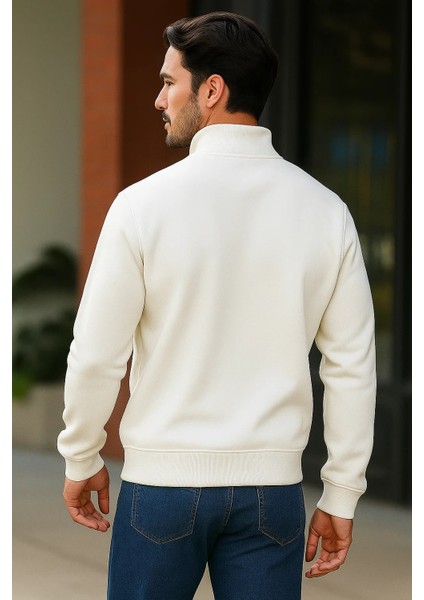 Erkek Trend Premium Beyaz Fermuarlı Sweatshirt