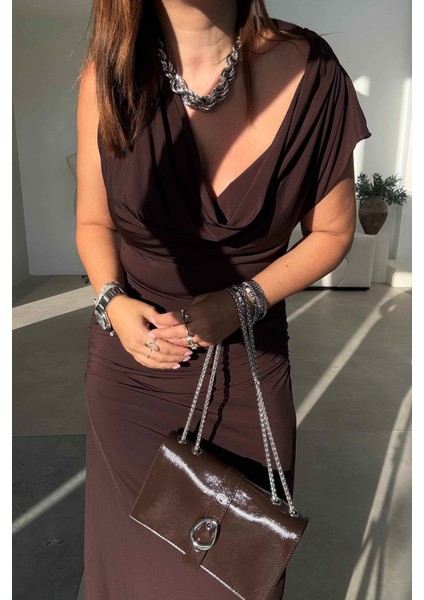 Kahverengi Degaje Yaka Elbise